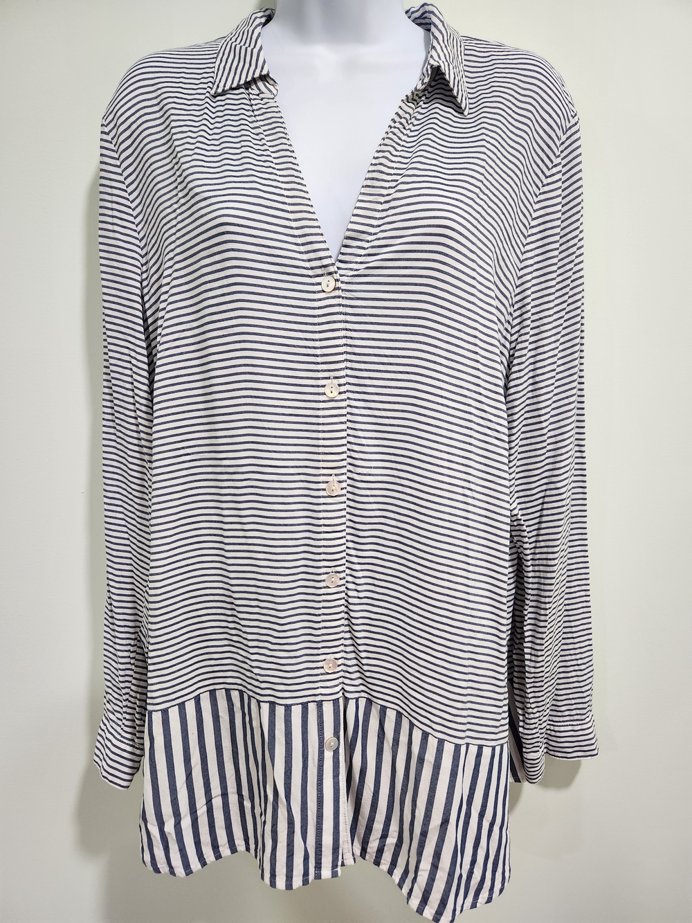J. Jill Navy and White Striped Button-Down Shirt